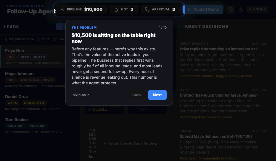 Follow-Up Agent guided demo showing lead pipeline, approval queue, and agent decisions